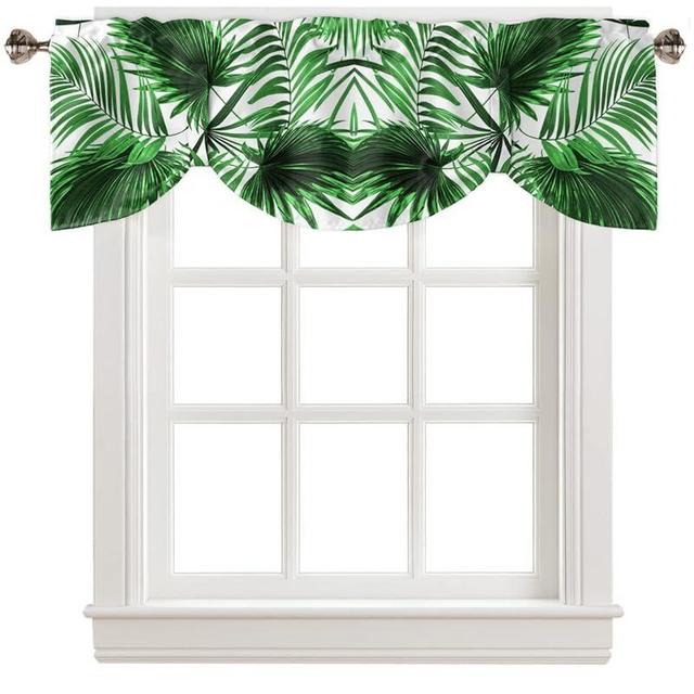 Tie Up Valances for Windows, Bright Green Palm Leaf Adjustable Rod Pocket Short Curtain Windows Treatment Curtains for Kitchen Living Room, 42 x 12Inch, 1 Panel