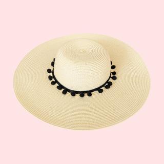 Sun Hat with Black Pom Poms