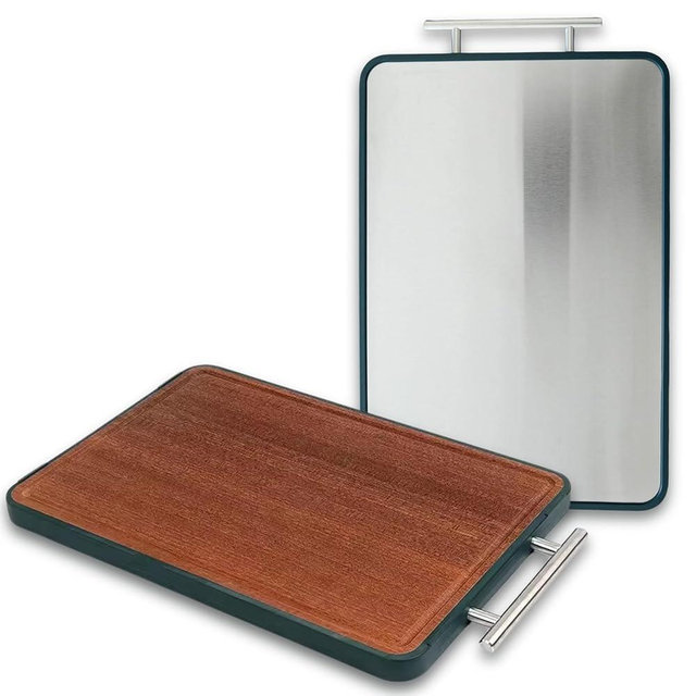 Double Sided Cutting Board Stainless Steel and Wooden Cutting Board For Kitchen,Cutting boards for kitchen dishwasher safe-Ideal for Meat,Fruits,Vegetables-Kitchen Essential