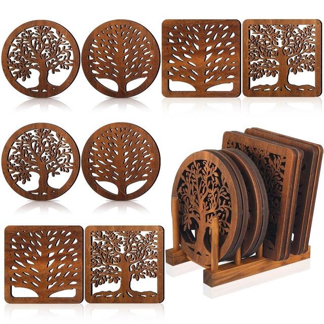 Beeveer 9 Pcs Tree Wooden Trivets Set Includes Round Tea Pot Holders Square Wooden Tree Trivet with Storage Rack Hot Plates for Table Decorative Wood Hot Pad for Kitchen Hot Dish Pots Pans