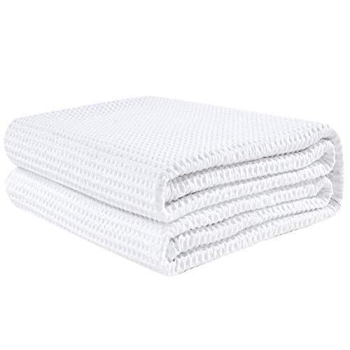 PHF Cotton Waffle Weave Blankets Queen Size Soft Cozy Lightweight for Bed Couch Sofa White