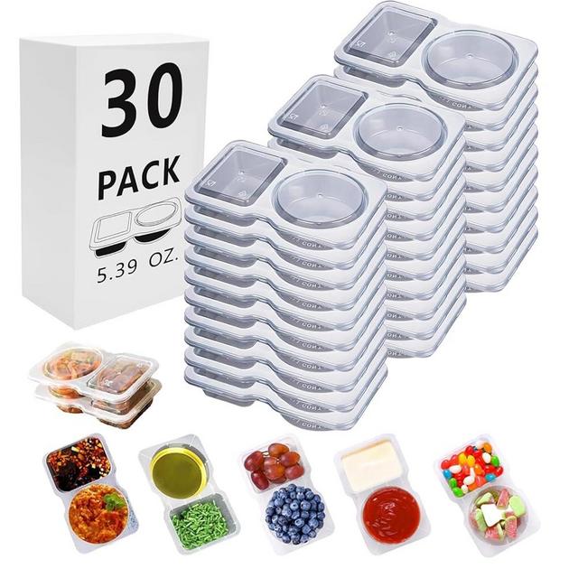 30 Sets Reusable Snack Containers Double Compartment Snackle Box Container with Lids - Leak-Proof BPA-Free Food Storage, Condiments Portion Control Dip Cups for Kids School Lunches, Meal Prep, Takeout