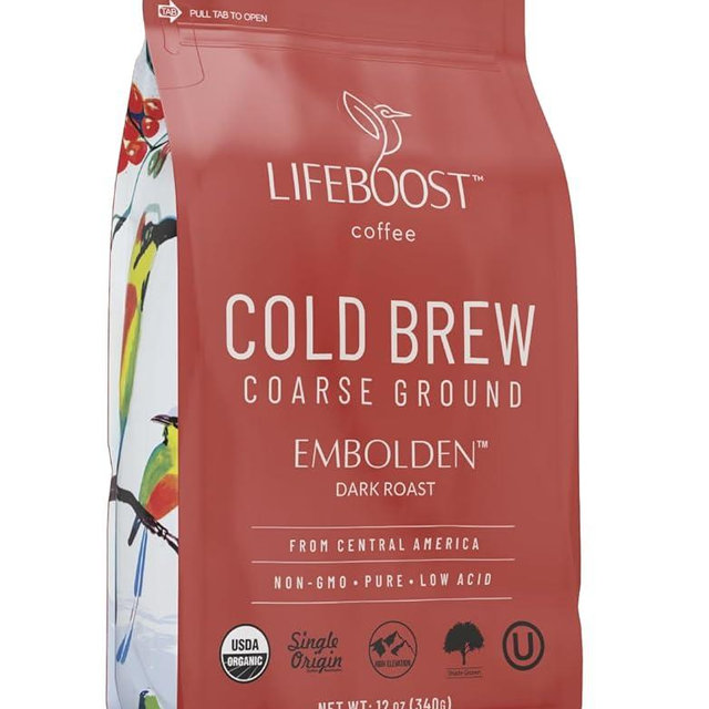 Lifeboost Dark Cold Brew Coffee - Low Acid Coarse Ground Coffee for Cold Brew - Single Origin Non-GMO USDA Organic Cold Brew Coffee Grounds - 3rd Party Tested For Mycotoxins & Pesticides - 12 Ounces