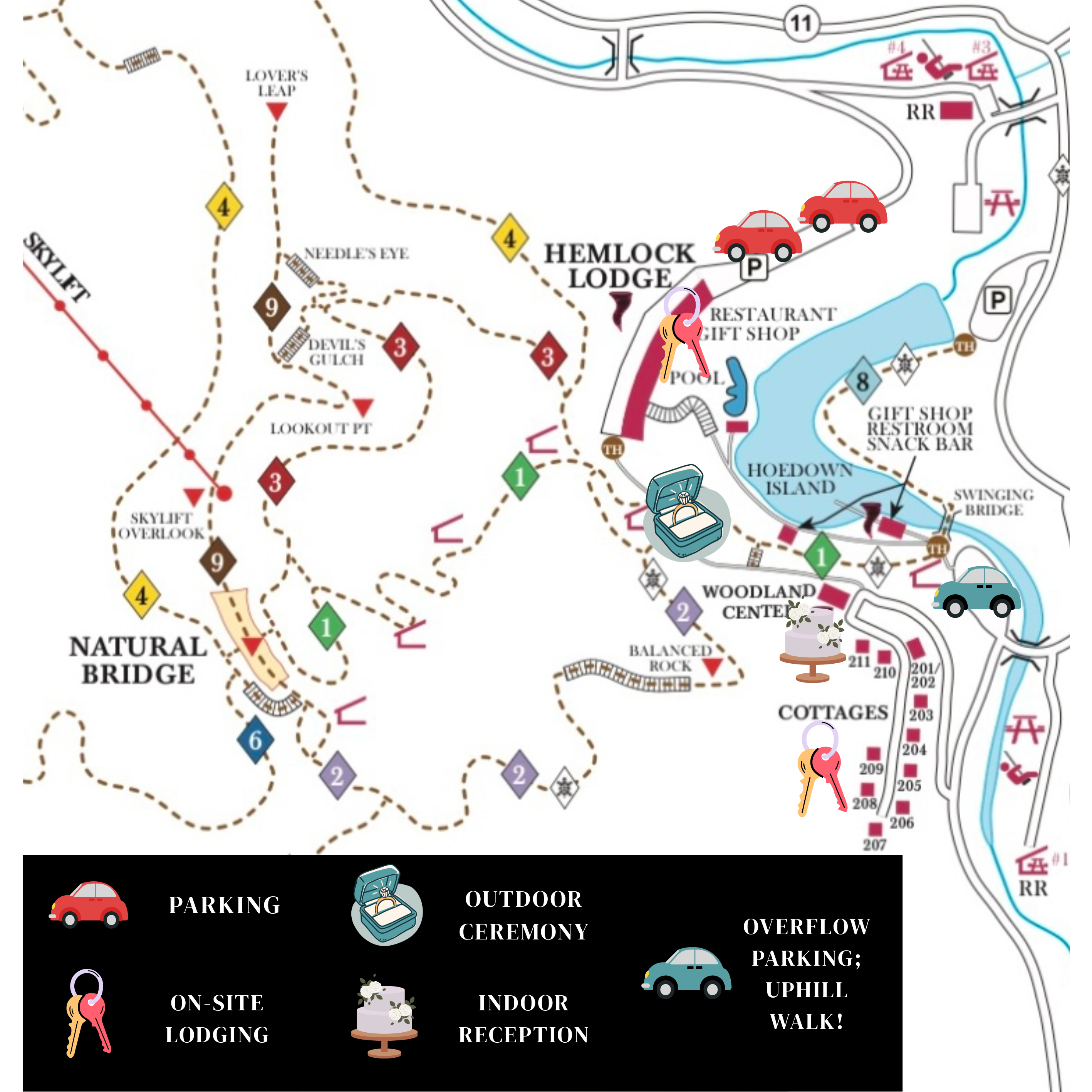 Zoomed in map of the state park grounds with markers for the ceremony, reception, lodging, and parking.