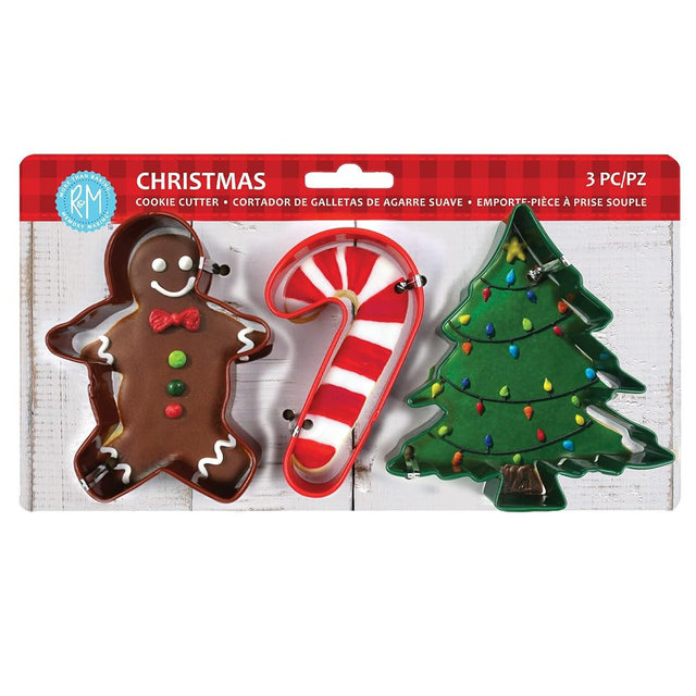 R&M Christmas 3-Piece Cookie Cutter Set – Includes Red Candy Cane, Brown Gingerbread Boy & Green Christmas Tree – Holiday Baking Shapes for Cookies, Fondant, and Crafts