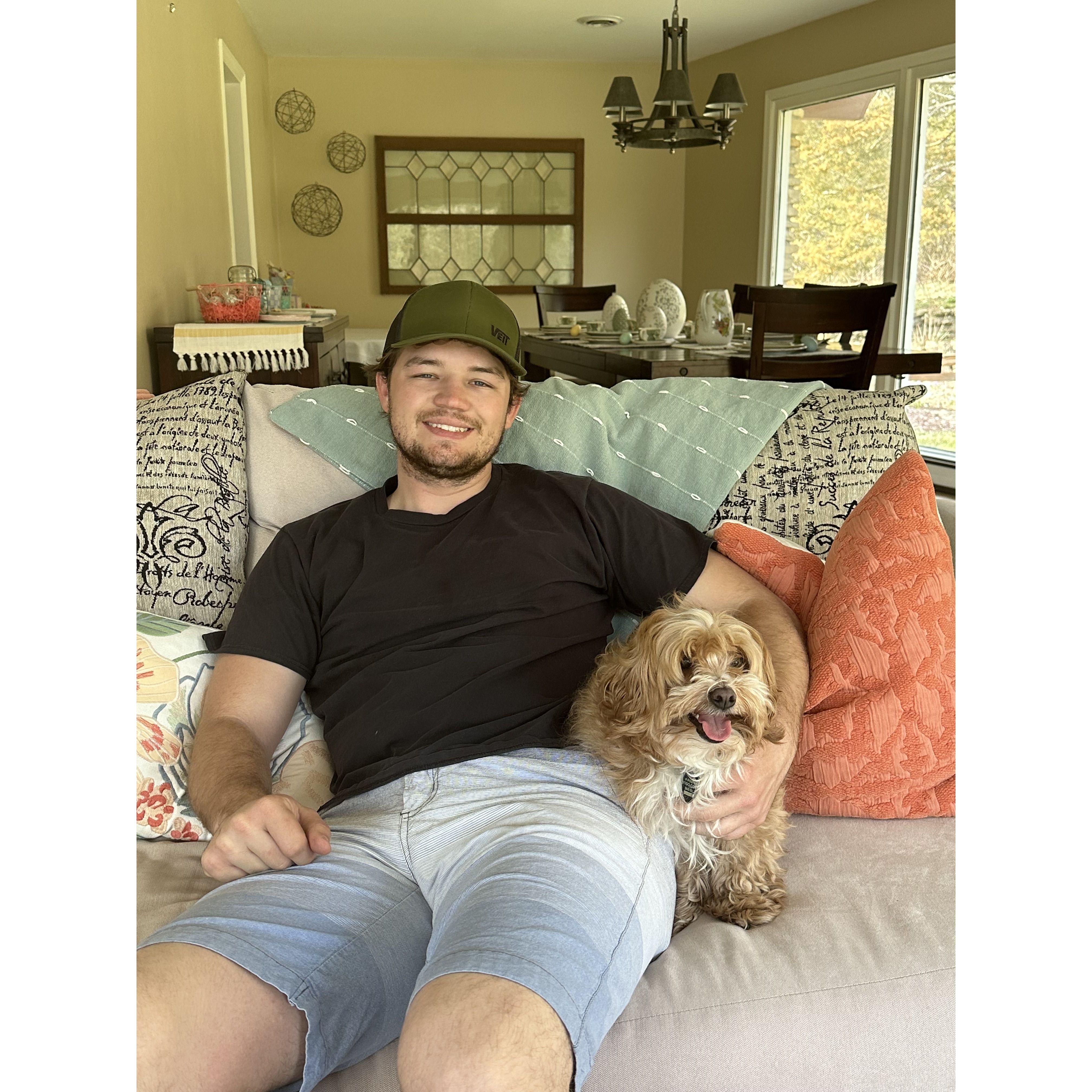 Easter Celebration at Kevin and Sally's, Whiley and Andy cuddling on the couch