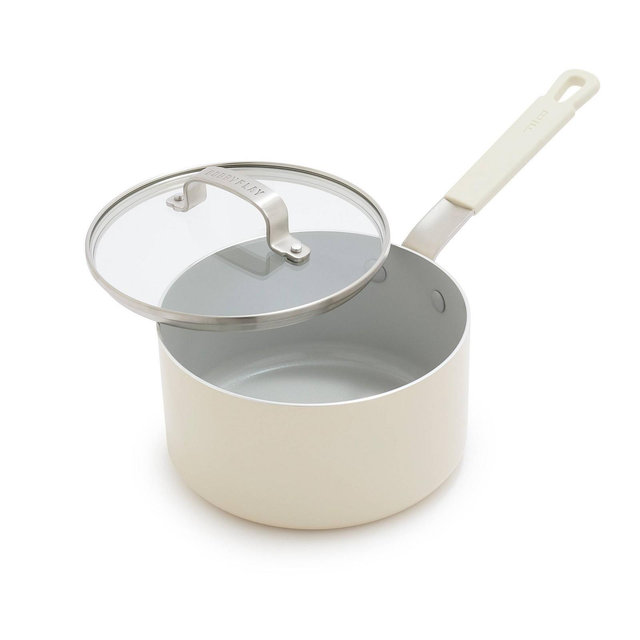 Bobby Flay 2.54qt Ceramic Nonstick Aluminum Sauce Pan with Lid Cream: Dishwasher-Safe, Lifetime Warranty, PTFE & PFOA Free