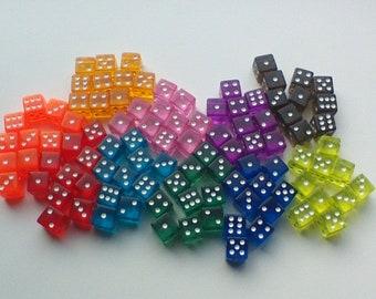 Set of 10 Colored Dice, Transparent Dice, Standard 16mm, Extra Board Game Pieces, Crafts, Pink, Blue, Green, Orange, Purple, Red, Teal, Aqua