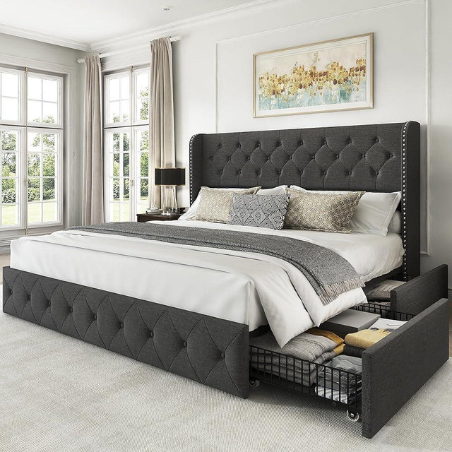 LARMACE King Size Platform Bed Frame with 4 Storage Drawers and Tufted Headboard Linen Upholstered Bed Wingback Bed Frame with Wooden Slats Support, Easy Assembly, Dark Grey