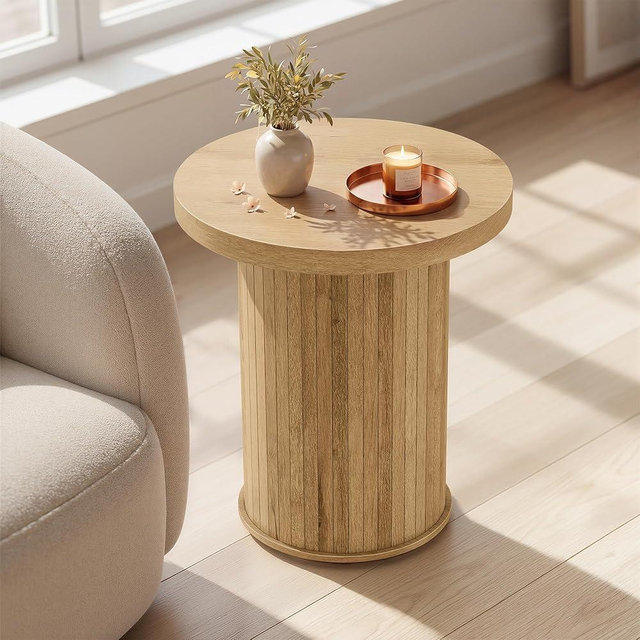 VASAGLE Round Side Table, Tambour End Table, Mid Century Modern Nightstand, Easy Assembly, for Small Spaces, Living Room, Bedroom, Home Office, 17.7 x 19.7 Inches, Natural Brown ULET295K101