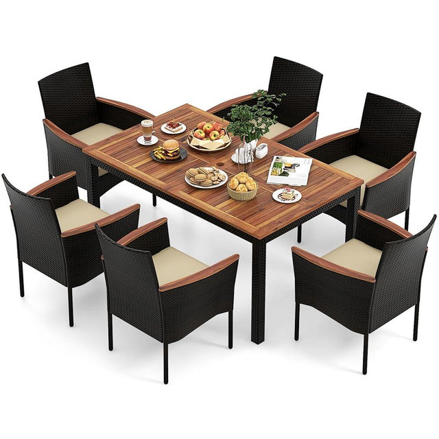 KOTEK Outdoor Dining Set for 6, PE Rattan Wicker Patio Furniture Set with Wood Table & Cushioned Armchairs, 1.96'' Umbrella Hole, Patio Table and Chairs Set for Garden, Backyard, Balcony, Poolside
