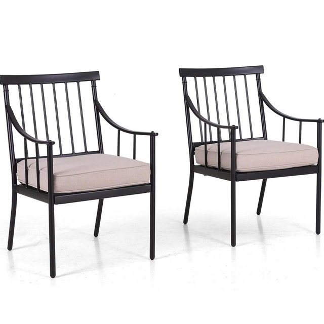 PHI VILLA Outdoor Metal Steel Dining Chairs with Cushion, Black Heavy-Duty Weatherproof Armchairs for Patio, Deck, Yard - Set of 6