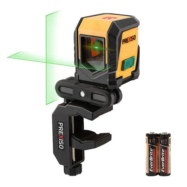 PREXISO 65FT Laser Level Self Leveling Cross-Line Laser Green Beam, with Rotatable Mount Clamp, LED Indicator for Hanging Pictures, Home Renovation, Floor Tile, Construction, 2 AA Batteries Included