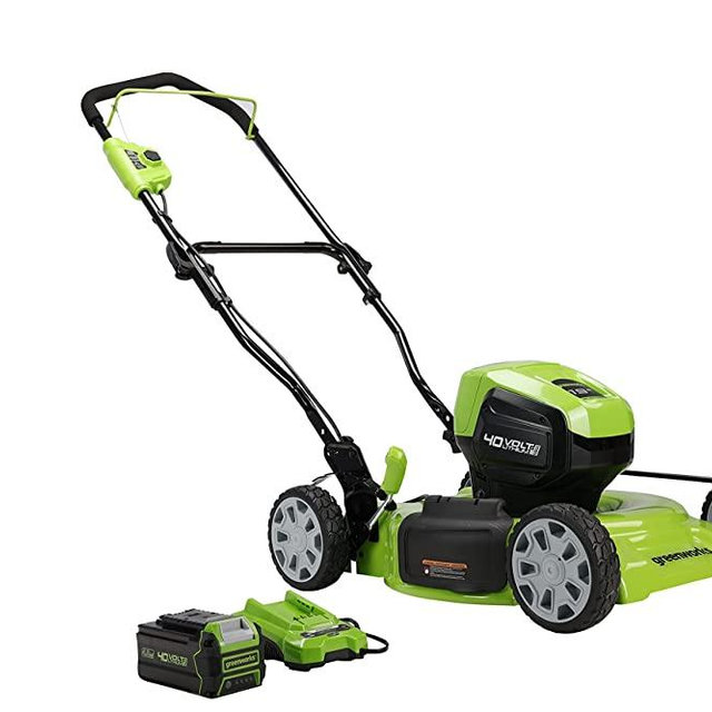 Greenworks 40V 19" Brushless (2-In-1) Lawn Mower, 4Ah USB (Power Bank) Battery and Charger Included MO40L414
