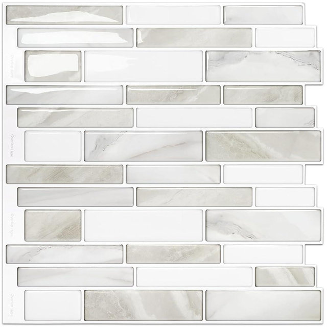 Vamos Tile 10 Sheets Peel and Stick Backsplash Tiles, 12"x12" Light Color Stick on Wall Tiles, Self Adhesive Tile Sticker for Kitchen Backsplash and Bathroom(Beige & Statuario White)