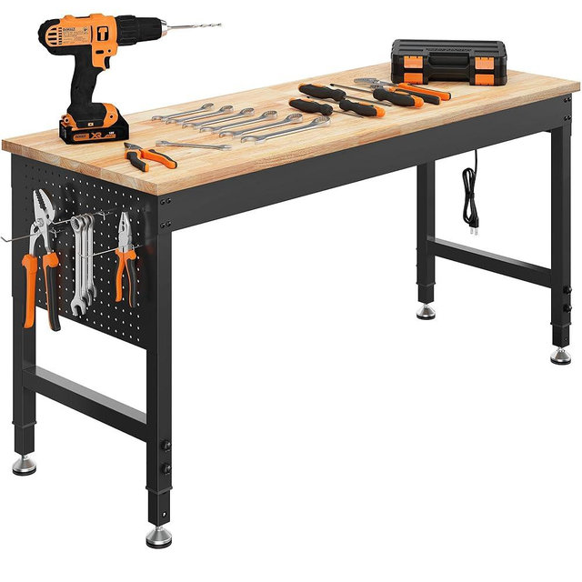 CAMMOO 60" Adjustable Heavy Duty Workbench, 2000 LBS Load Capacity Rubber Wood Work Table with Pegboard, Power Outlets, Work Bench for Garage, Workshop, Office, Home, Commercial