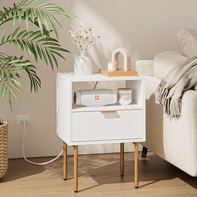 Aienvey Nightstand with Charging Station, Small Side Table, Modern Night Stand with Drawers, Bedside Table for Bedroom, Living Room End Table, White Stripe