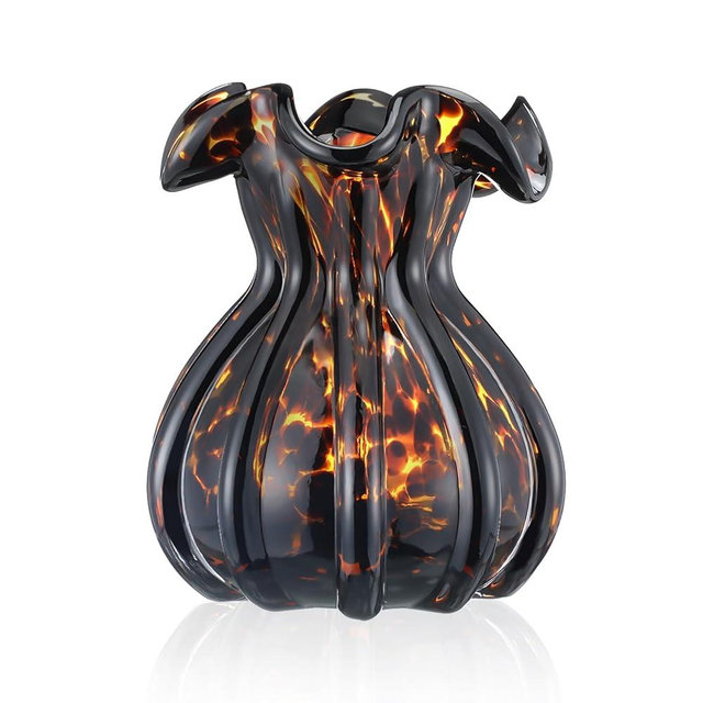 Ferrochef Ruffled Tortoise Glass Vase 6.5 Inches Tortoise Shell Print Vase for Living Room, Office, Wedding Gifts, Art Glass Flower Holder, Home Decoration