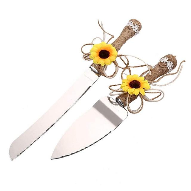 TANG SONG Rustic Wedding Cake Knife and Serving Set with Sunflower Burlap Lace Wedding Cake Knife (Set of 2)