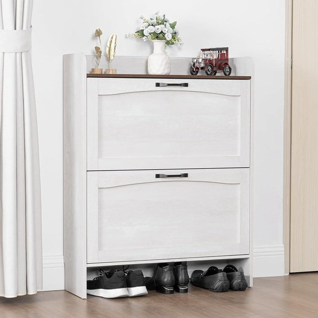 TRONLEE Narrow Shoes Storage Cabinet, Entryway Storage with 2 Flip Drawers, Farmhouse Shoe Organizer with Removable Shelves, Anti-Drop Top Fence, 40.4H x 31.4W (Warm White Grayish)