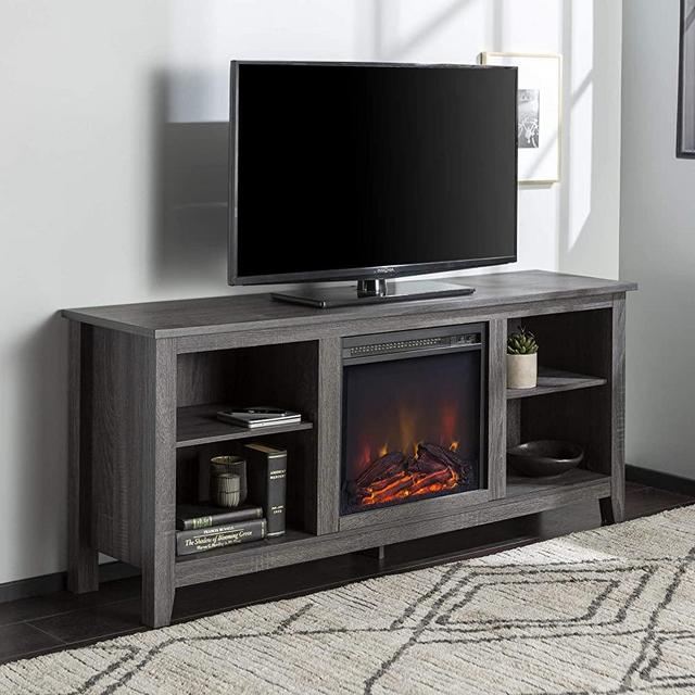 Walker Edison Wren Classic 4 Cubby Fireplace TV Stand for TVs up to 65 Inches, 58 Inch, Charcoal Grey