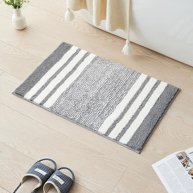 CozeCube Bath mats for Bathroom Non Slip, Fluffy Absorbent Microfiber Bath mat Washable, Aesthetic Bathroom Rugs, Large Grey Striped Bath mat, Grey, 36" x 24"