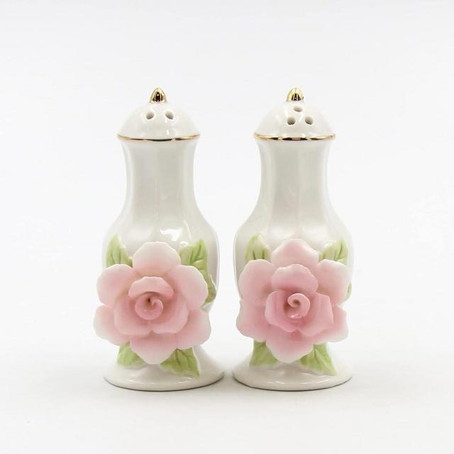 Cosmos Gifts 21027 Pink Rose Jar with Gold Trim Salt and Pepper Shaker