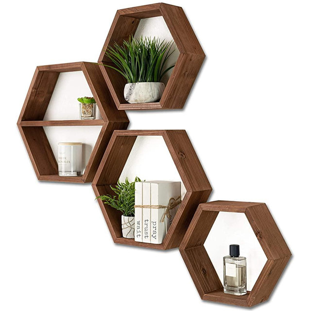 Hexagon Floating Shelves - Large Set of 4 - Honeycomb Shelves - Octagon Shelves Rustic Brown - Wall Shelves Honeycomb Decor - Wooden Honey Comb Hexagon Shelf for Wall - Geometric Hexagonal Shelves
