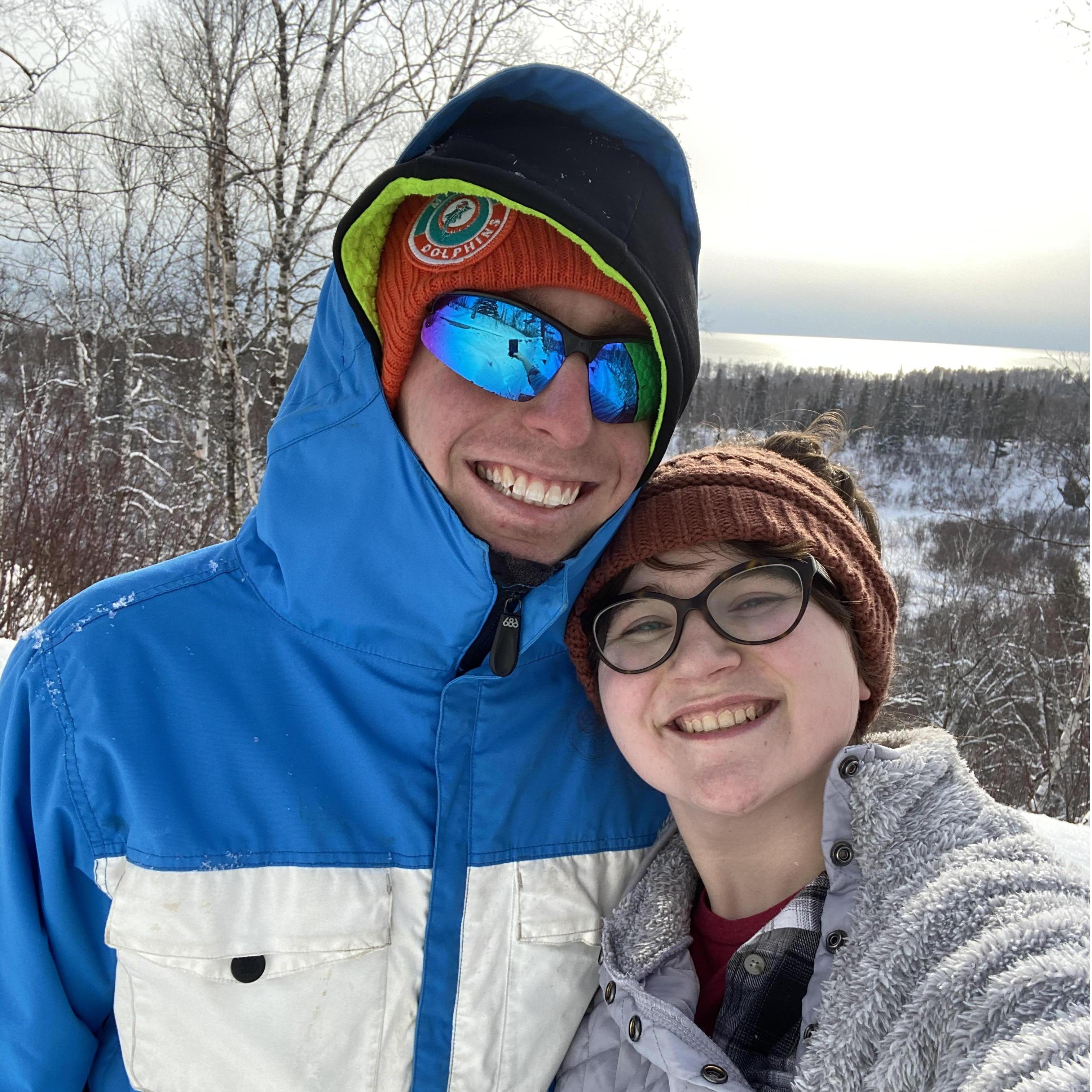 Not even winter can stop us from going on adventures. Here is one of our favorite pictures of us from a winter hike at Gooseberry Falls.