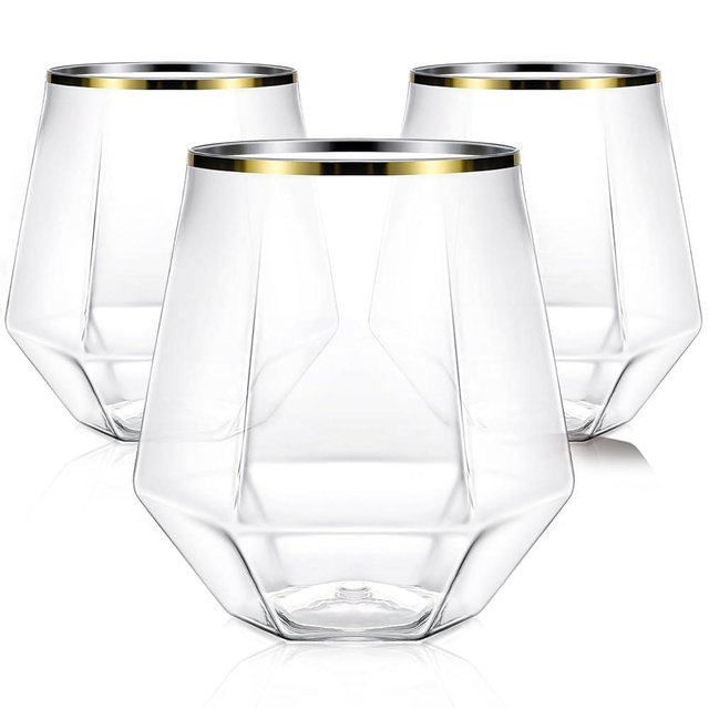 Maaacute 40 Pcak Plastic Stemless Wine cocktail Whiskey Champagne Glasses, 12 Oz Gold Rim Disposable Clear Unbreakable Cups for Party Bars Wedding Tasting (Diamond-shaped)