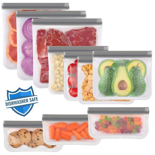 10 Pack Dishwasher Safe Reusable Ziplock Bags Silicone, Leakproof Reusable Freezer Bags, BPA Free Reusable Storage Bags for Lunch Marinate Food Travel(Grey) - 3 Gallon 4 Sandwich 3 Snack Bags