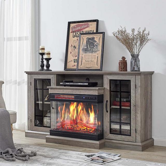 Amerlife 3-Sided Fireplace TV Stand Console Table with 59" Fireplace, Rustic Media Entertainment Center for TVs up to 65" with Glass Door Closed Storage, Wash Gray