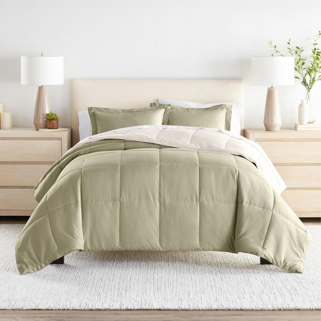 Reversible Comforter and Shams Set, Ultra Soft - Becky Cameron, Sage / Ivory, Twin/Twin Extra Long