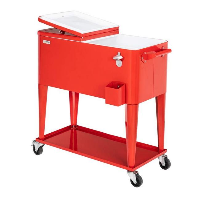 VINGLI 80 Quart Rolling Cart on Wheels, Portable Bar Drink Cooler, Beverage for Patio Pool Party, Ice Chest with Shelf,Bottle Opener,Water Pipe and Cover (Red)