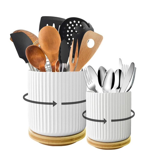 Sameme Utensil Holder, 360° Rotating Kitchen Utensil Holder for Countertop,6.9"+5.3" Modern Large Spatula Holder, Kitchen Utensil Organizer for Farmhouse,White Ceramic Utensil Crock,Set of 2
