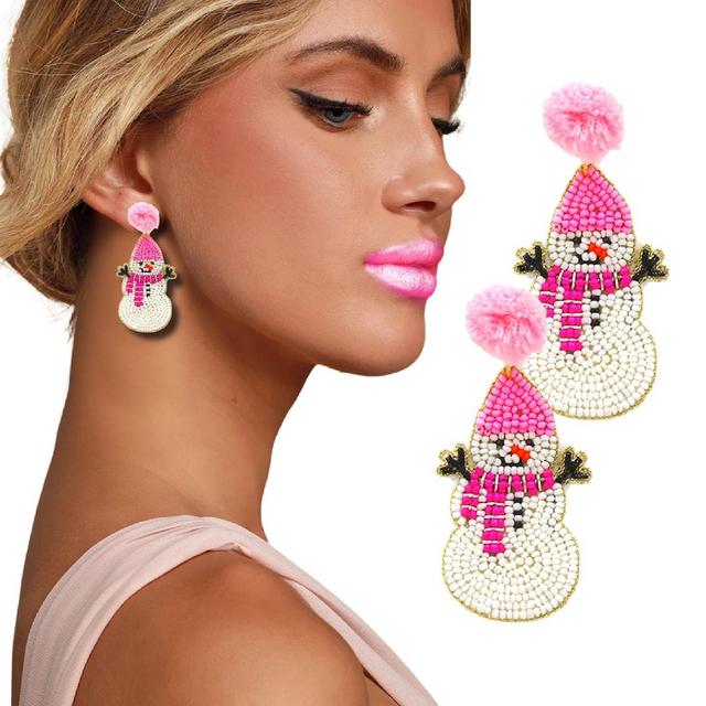 Winter Holiday Pink Puff Snowman Dangle Earrings Seed Beaded Statement Christmas Gift For HerAnalyze listing