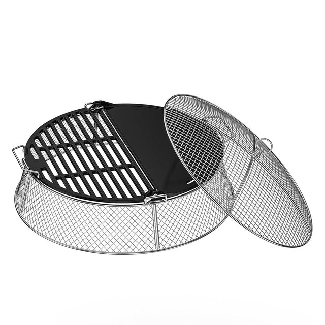 onlyfire Stainless Steel Mesh Cover & Cast Iron Grill Griddle Combo for Solo Stove 19.5 inch Fire Pit - Dual Cooking Surface with Handles for Ember Protection and Outdoor BBQ