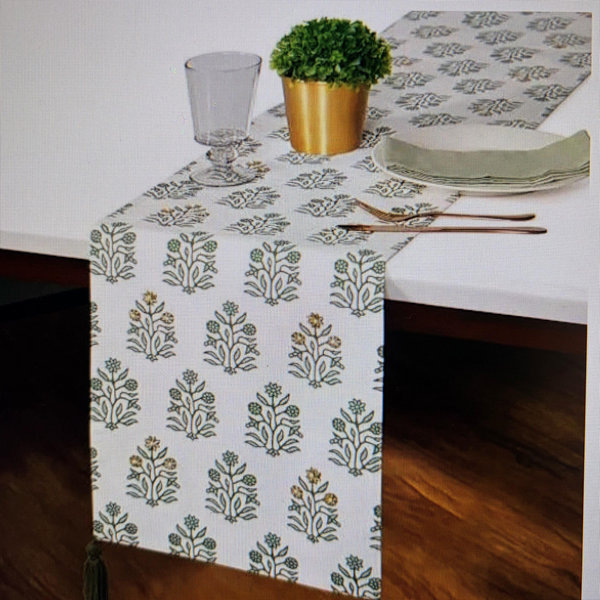 Green Flower Block Print Table Runner with Embroidery, 14x72
