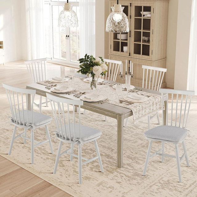COLAMY Wooden Dining Chairs Set of 6, Windsor Kitchen Side Chairs with Spindle Back and Removable Cushion, Wood Farmhouse Dining Chairs for Dining Room, Restaurant, White