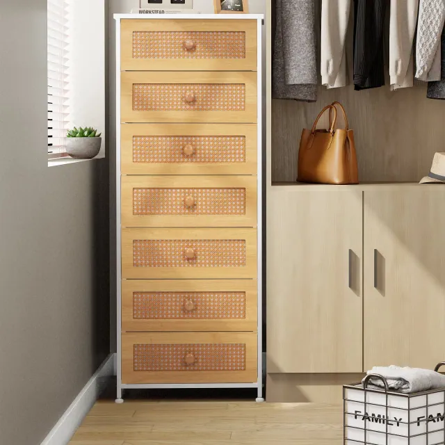 Crestlive Products Tall Dresser for Bedroom 7-Drawer Fabirc Storage Tower Chests of Drawers for Bedroom Rattan-White