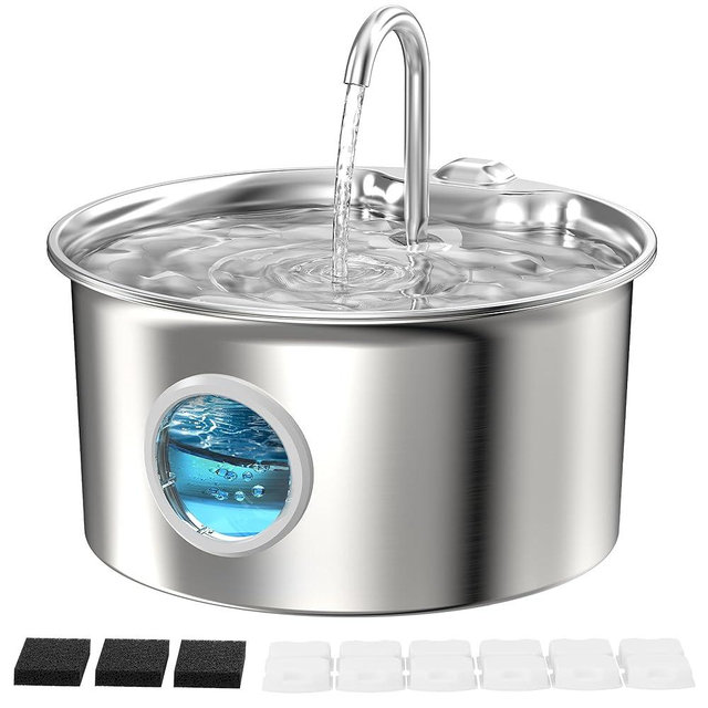 Stainless Steel Cat Water Fountain: Cat Fountain with 6 Filters + 3 Sponges - 88oz/2.6L Pet Water Fountain for Cats Inside - Silent Cats Water Bowl Dispenser - ATMZIQXR Kitty Drinking Fountains