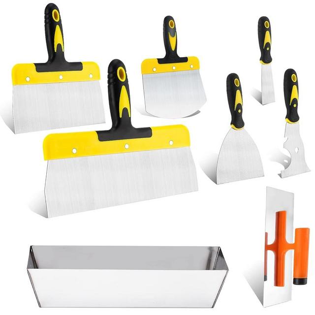 DEKEones Drywall Knife Set, 8 Pieces Stainless Steel Drywall Hand Tool Kit Includes Taping Knives, Putty Knives, Finishing Trowel, Mud Scoop and 12" Mud Pan with Ergonomic Handles for Drywall Work