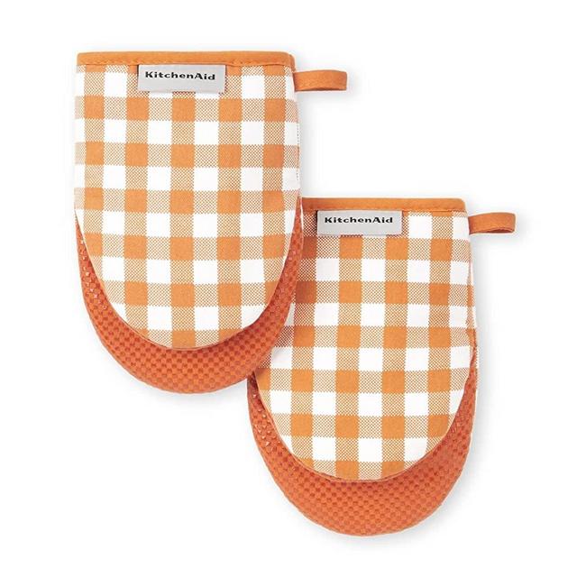 KitchenAid Gingham Mini Oven Mitt 2-Pack Set, Honey, 5.5"x8"