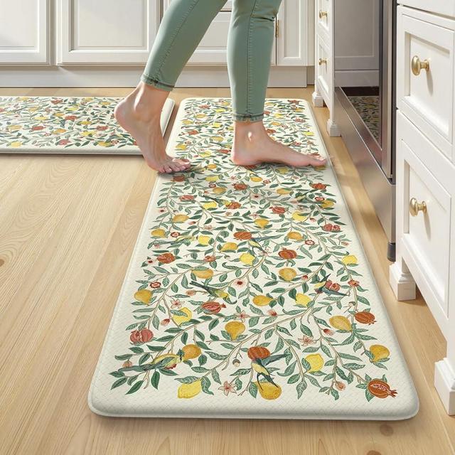Sungea Kitchen Mat 2PCS,Anti-Fatigue Mats for Kitchen Floor,Farmhouse Lemon Tree Kitchen Rugs Non-Slip,Memory Foam Comfort Standing Mat for Kitchen Sink, Office,Laundry,Bathroom,Beige