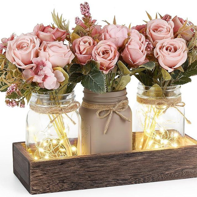Mkono Mason Jar Lights Centerpiece Table Decorations For Dining Room Farmhouse Table Decor Tray With 3 Jars Flowers Arrangement Summer Decor For Kitchen Living Room Wedding, Pink