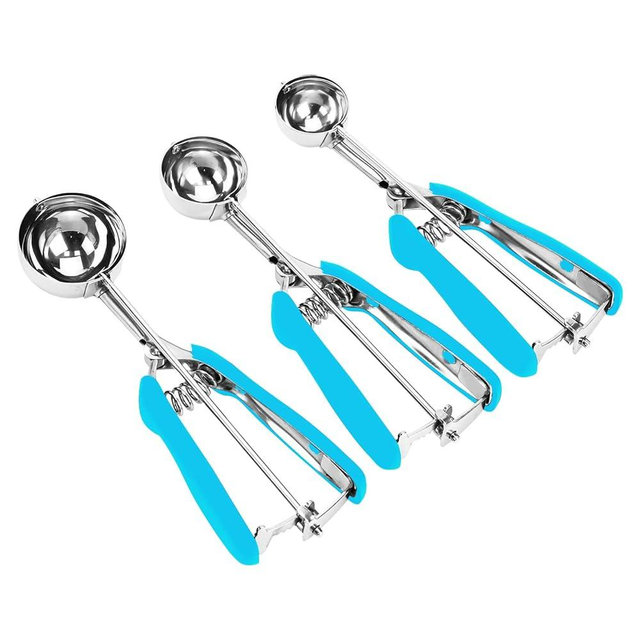 Cookie Scoop Set, 3Pcs Ice Cream Scoop, Cookie Scoops for Baking Set of 3, 18/8 Stainless Steel Cookie Scooper for Baking, Ice Cream Scooper with Trigger Release, Blue Soft Grip Cookie Dough Scoop