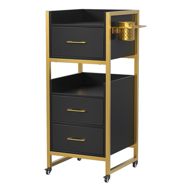 OmySalon Salon Trolley Cart, Hair Styling Station with 3 Drawers, 2 Open Shelf & Tool Holders, Mobile Barber Storage Cabinet Utility Trolley for Beauty Salon Spa,Black
