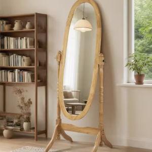 Queen Anne Style Light Brown Wood 16 in.W x 59.25 in.H Floor Mirror Standing Mirror Tilting Oval Wood Full Length Mirror, Oak