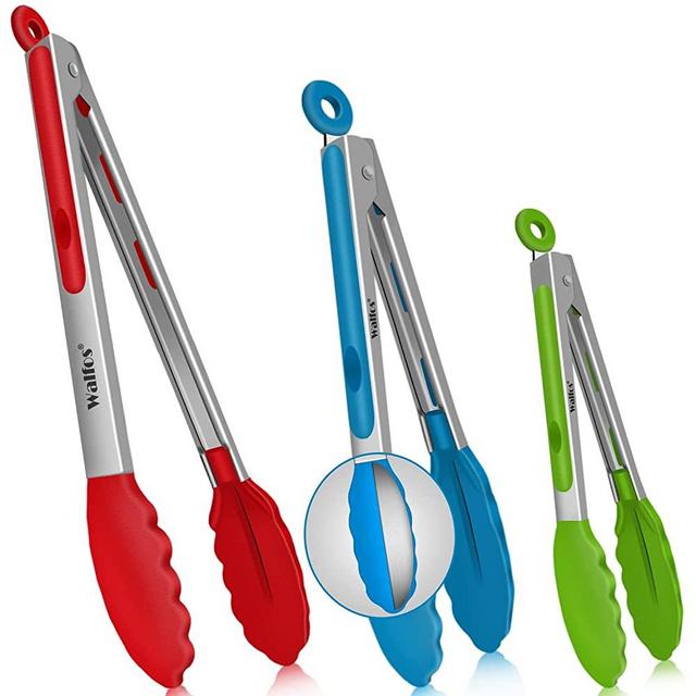 Walfos Silicone Tongs for Cooking - Heat Resistant kitchen tongs for Salad ,Cooking, Grilling,Stainless Steel and BPA Free Silicone Tips set of 3 (7" 9" and 12 inch )