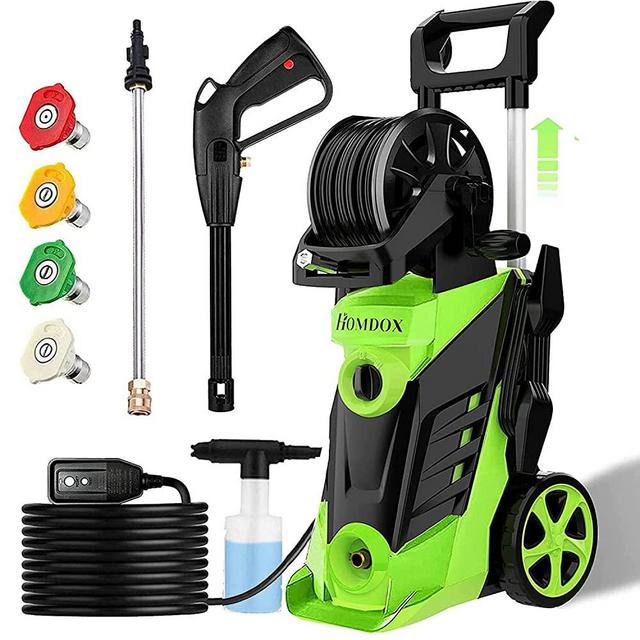 Homdox Pressure Washer 2.25 GPM Electric Pressure Washer 1800W High Pressure Power Cleaner with 4 Nozzles, Foam Cannon, GFCI & TSS Functions for Home Patio Garden Yard Vehicle (with Hose Reel)